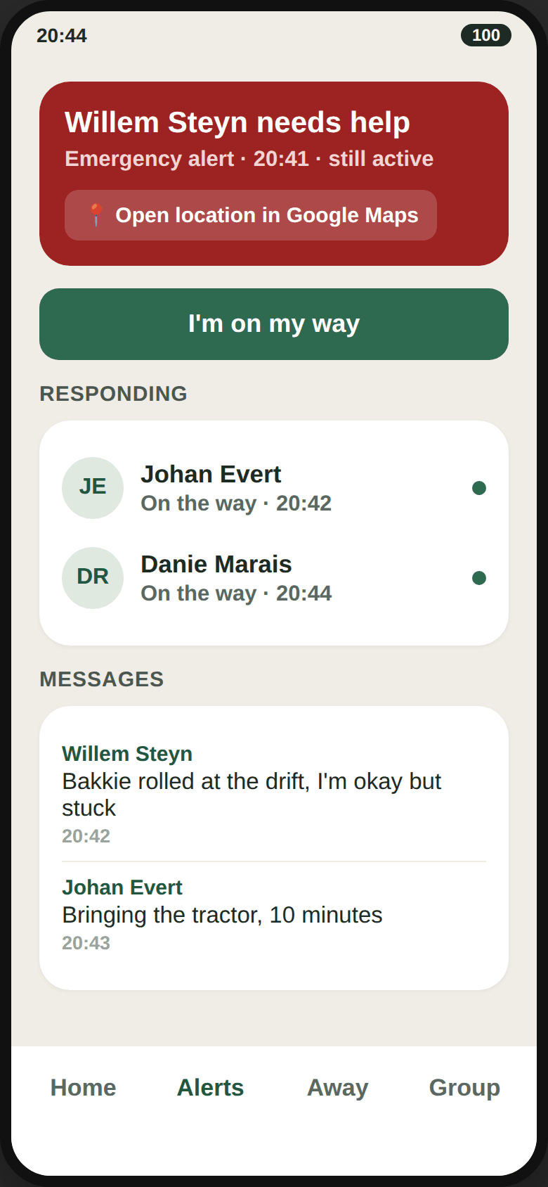 A live emergency alert with a map pin and neighbours responding.