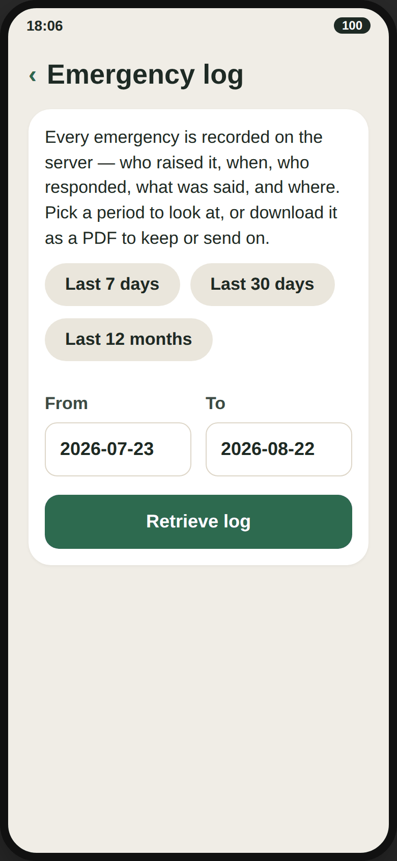The emergency log listing past alerts and how they resolved.