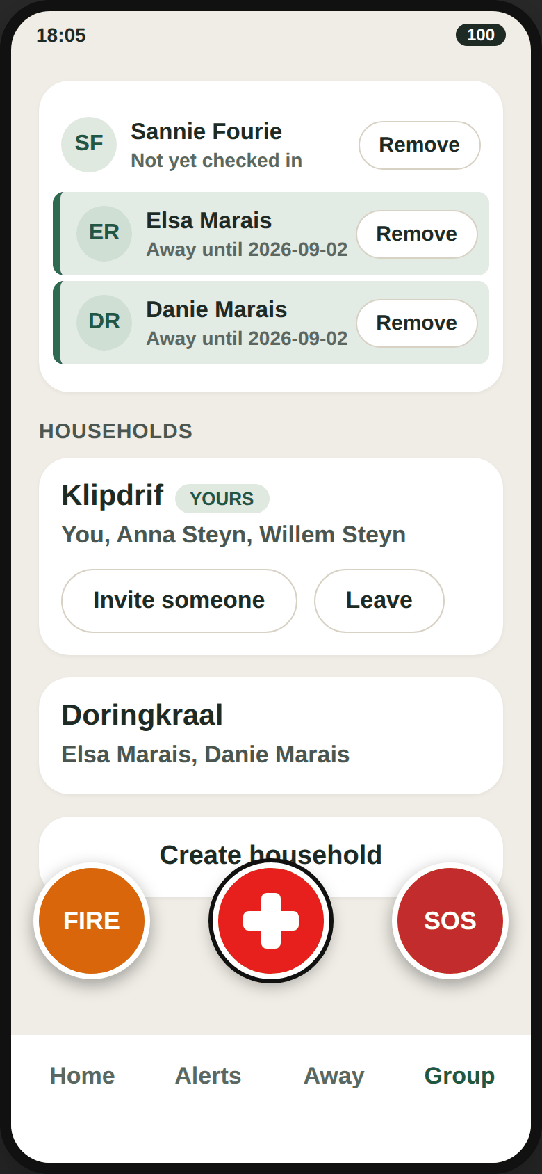 The Group screen showing members organised into households.