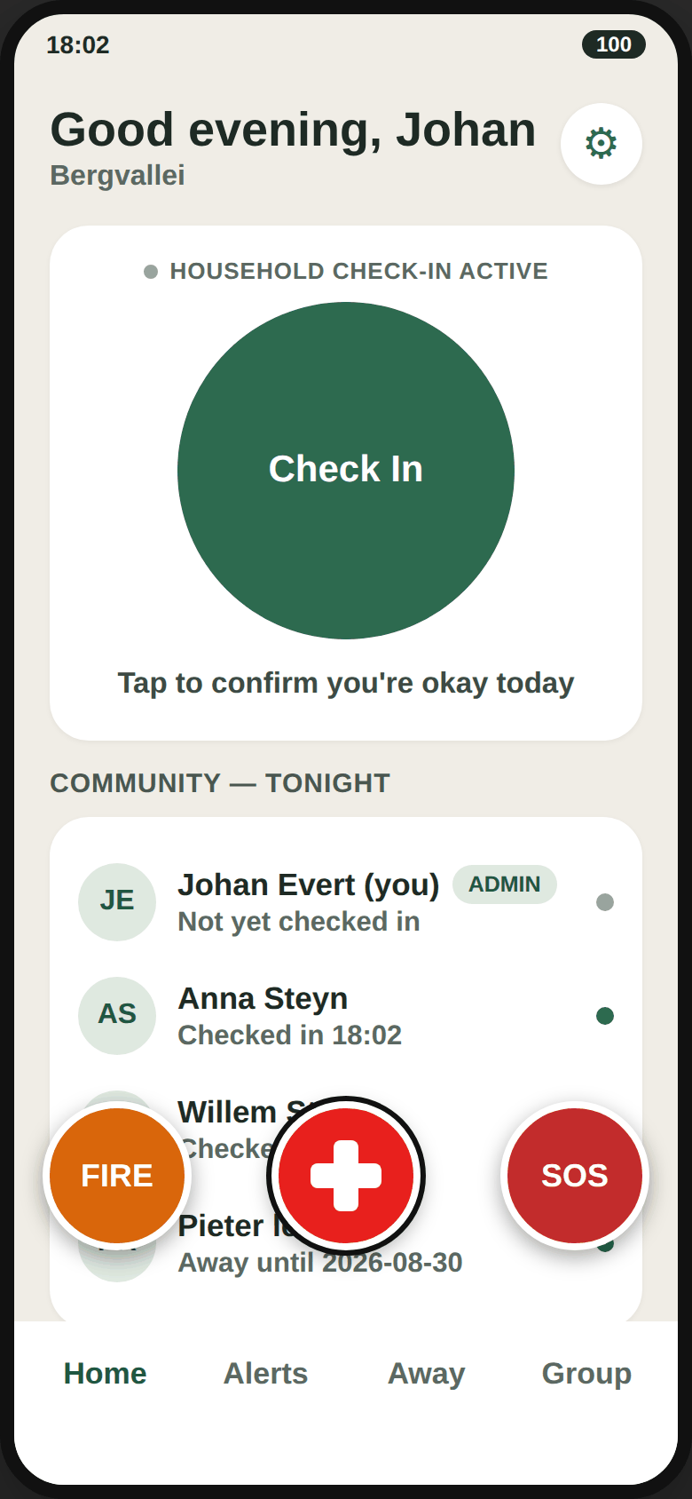 The app's home screen with the evening check-in button.
