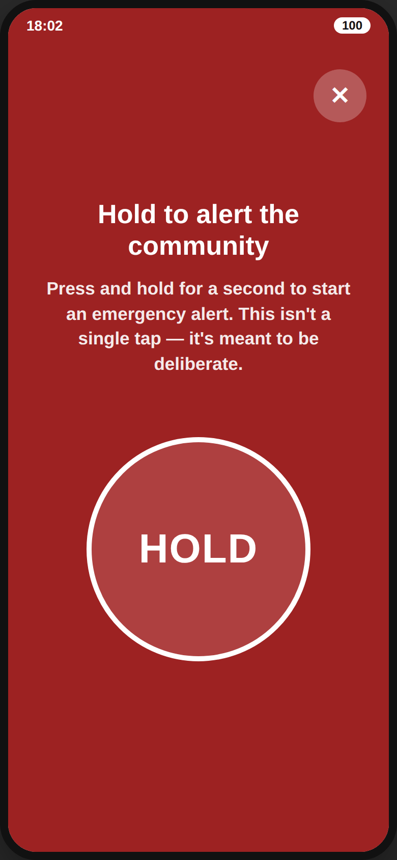 The SOS screen mid-press, with a countdown ring and a cancel option.