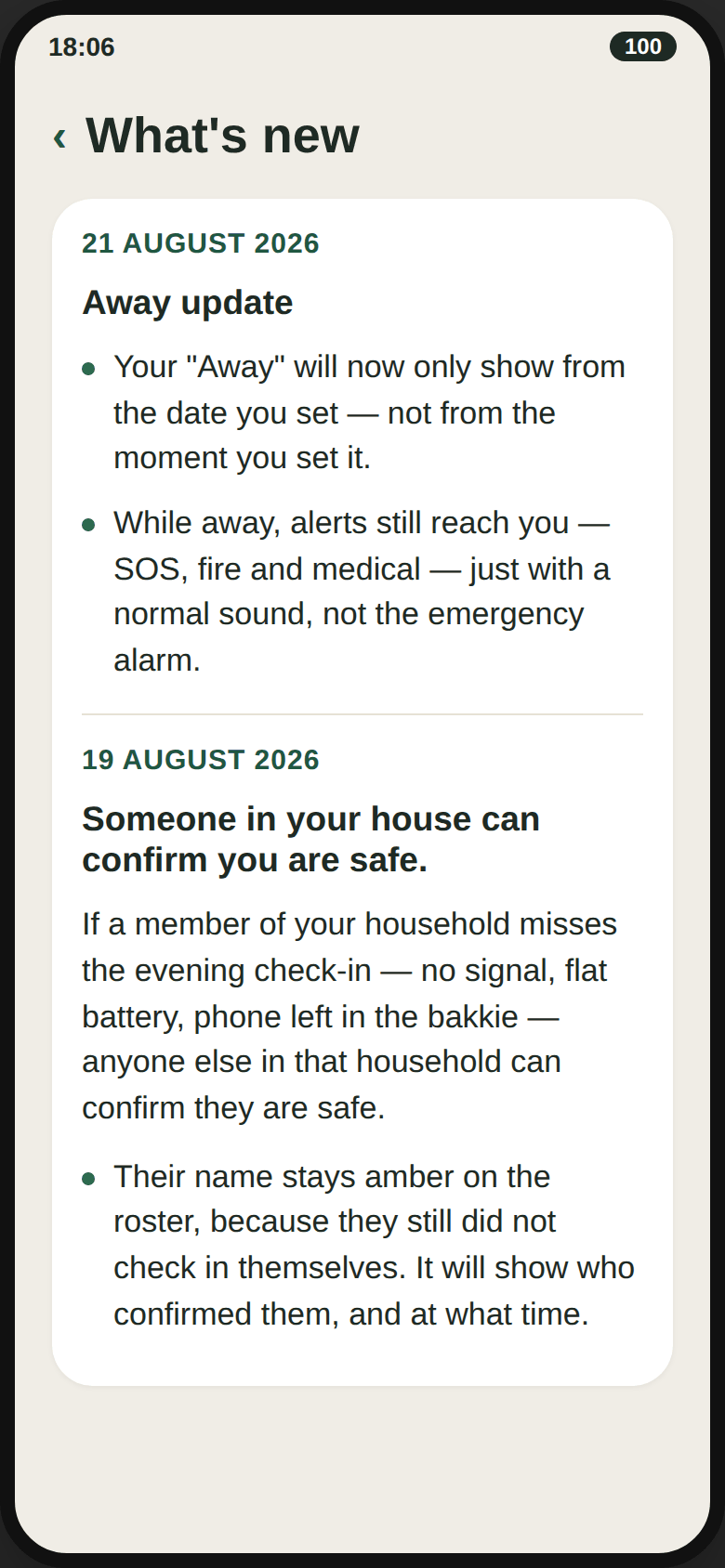 An in-app update note explaining in plain language what changed in this version.