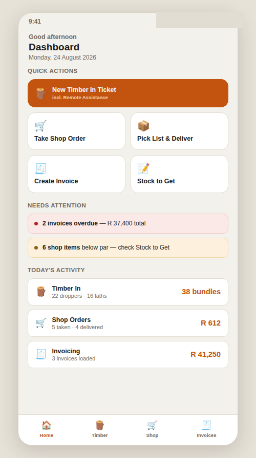Android dashboard: quick actions for a new Timber In ticket, taking a shop order, the pick list and creating an invoice.