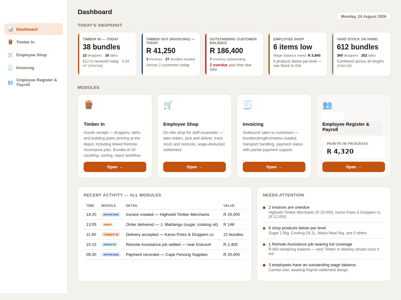 The desktop dashboard: a business-wide snapshot, the module launcher, recent activity across every module, and a needs-attention panel.