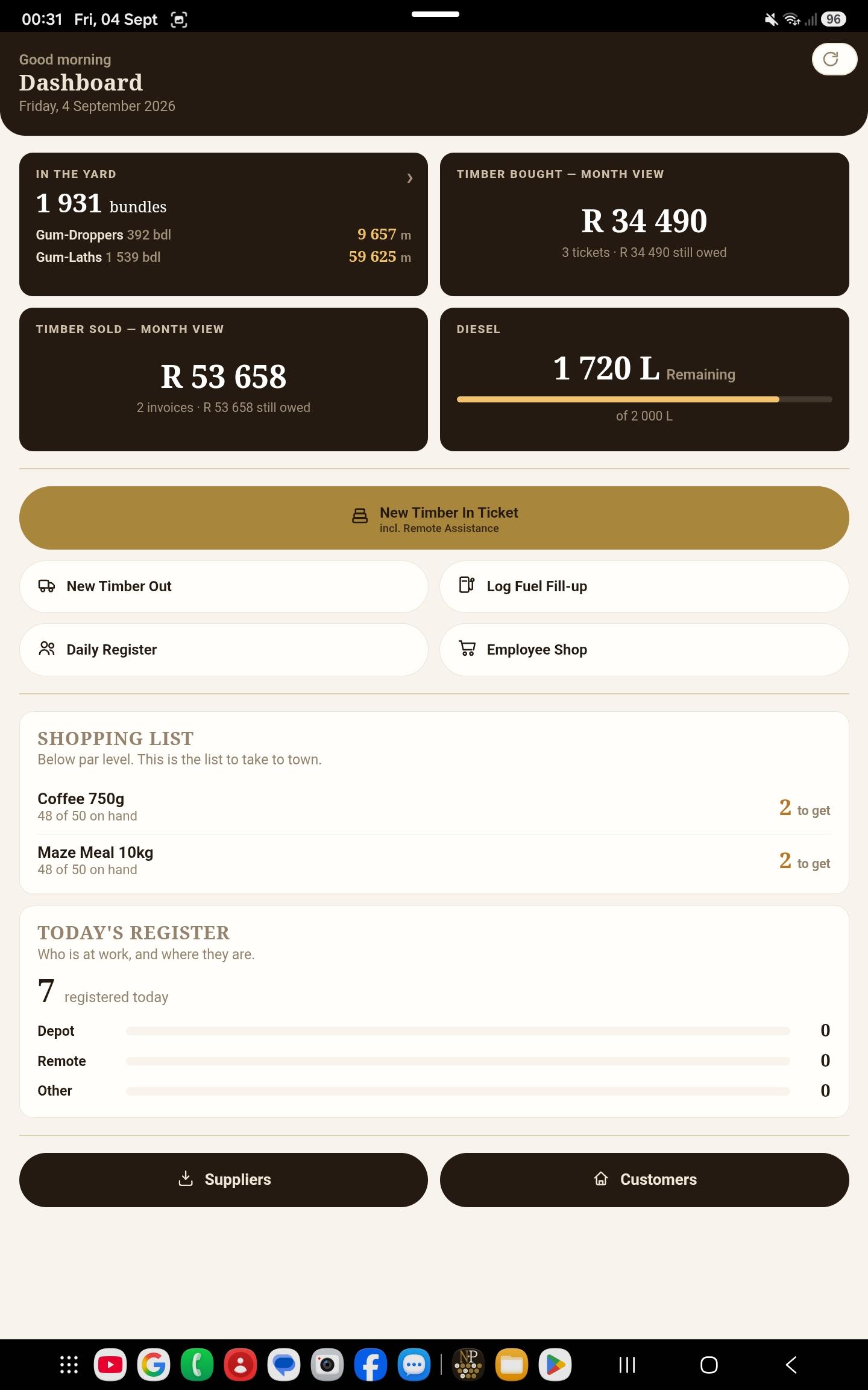 Android dashboard: yard stock, timber bought and sold this month, the diesel gauge, quick actions, shopping list and today's register.