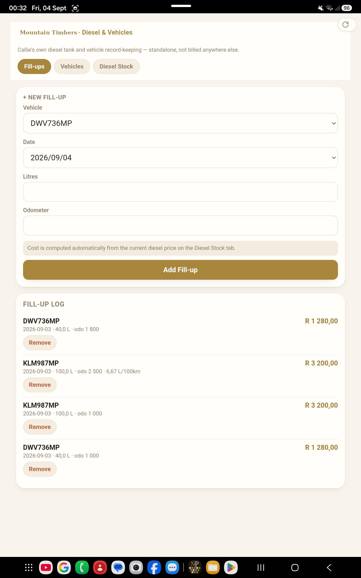 Android diesel screen: logging a fill-up against a vehicle in the field.