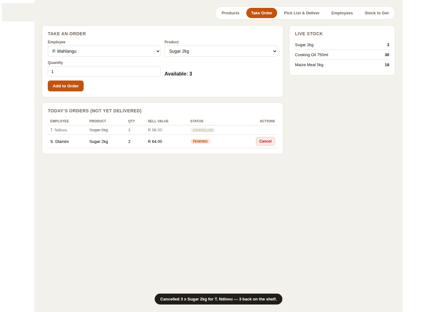 Employee Shop desktop test tool: taking an order, live stock levels, and a just-cancelled order releasing its reservation.