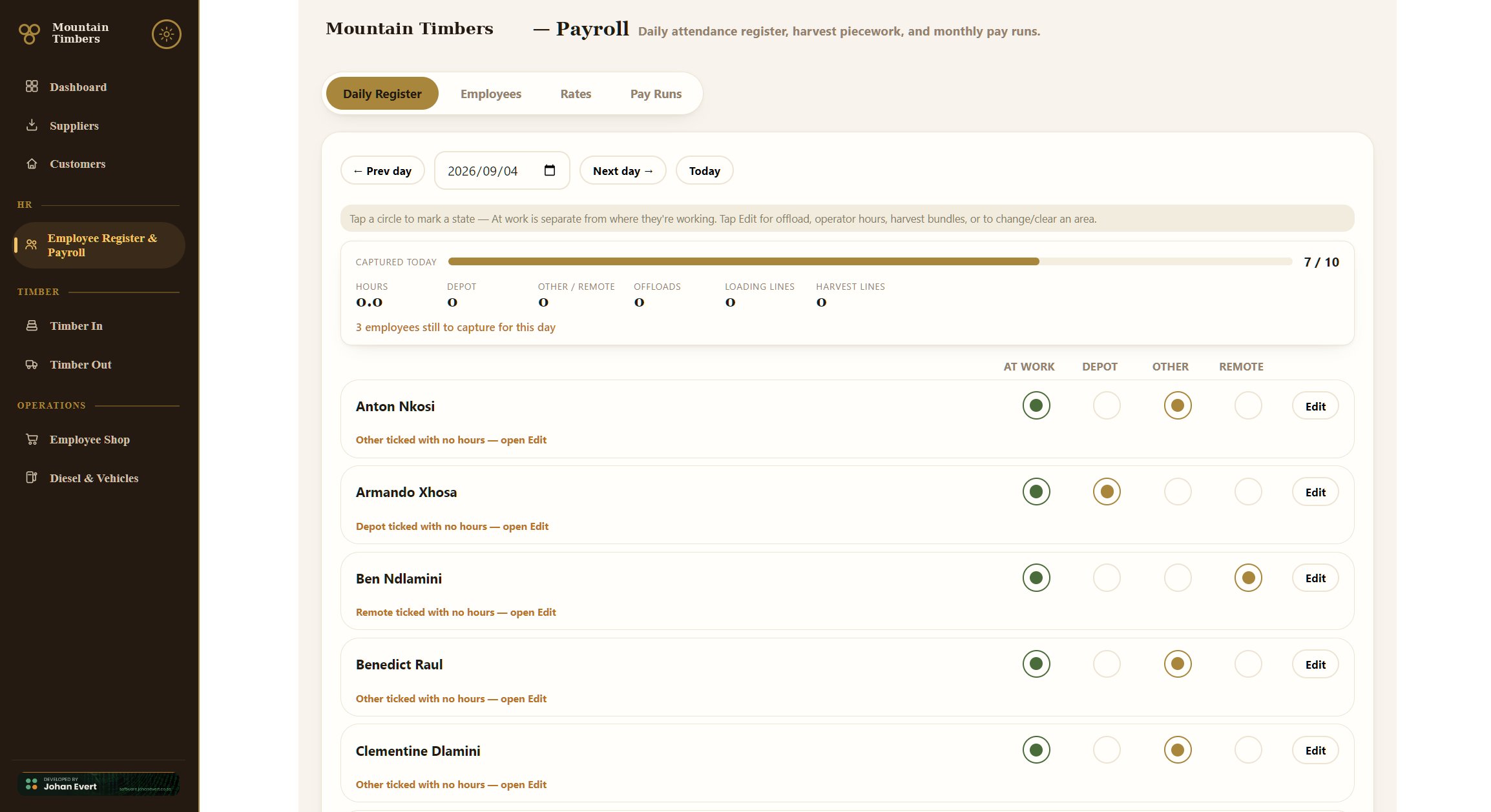 Payroll daily register: one-tap attendance capture with a progress bar.